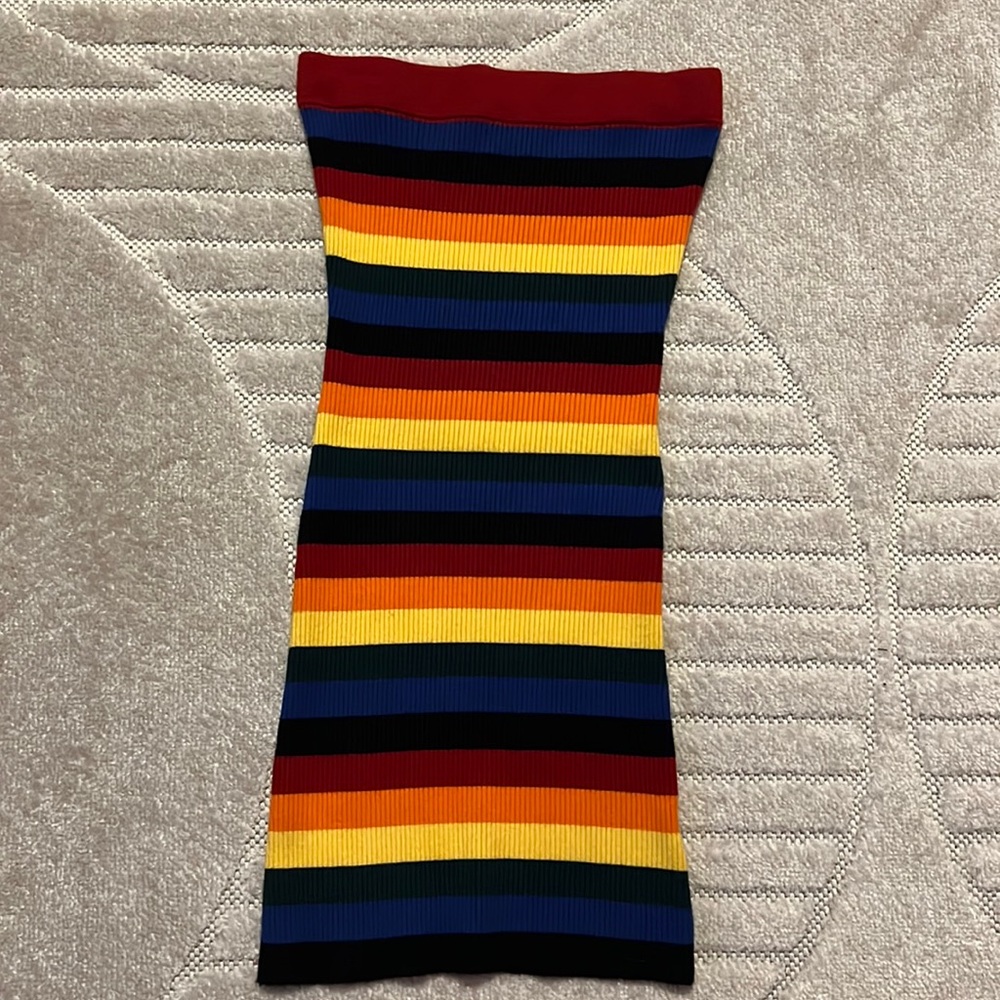Stretchy strapless rainbow ribbed dress